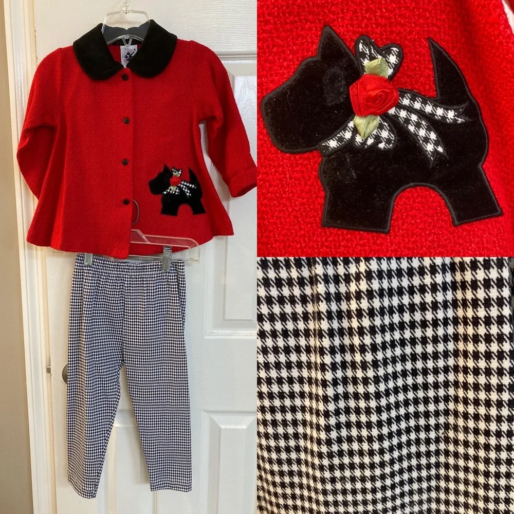 Scottie dog outfit red button top houndstooth pant